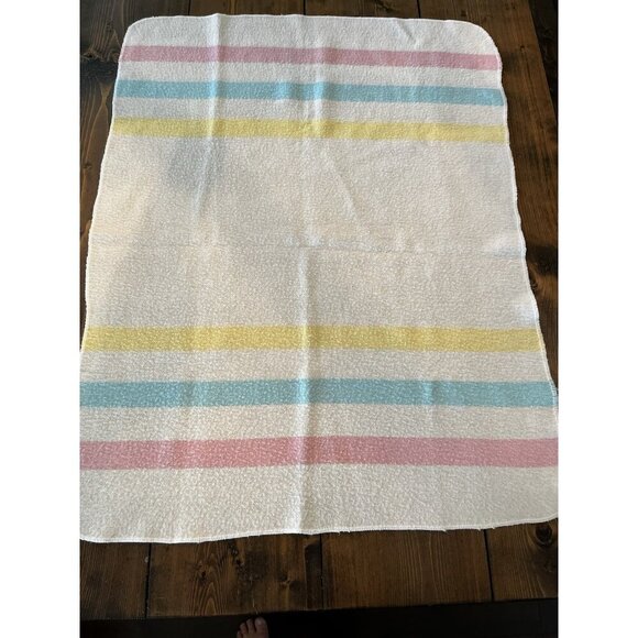 Vintage Esmond Baby Blanket 100% Acrylic Pink Blue Yellow Stripes 28” X 37” READ - Picture 5 of 6